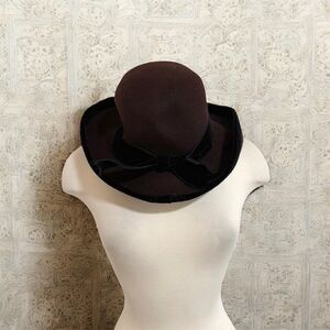 J Peterman Italy Classic Vintage Brown Black Felt Bowler Cap Hat Bow